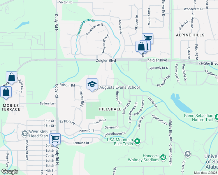 map of restaurants, bars, coffee shops, grocery stores, and more near 6007 Biloxi Avenue in Mobile