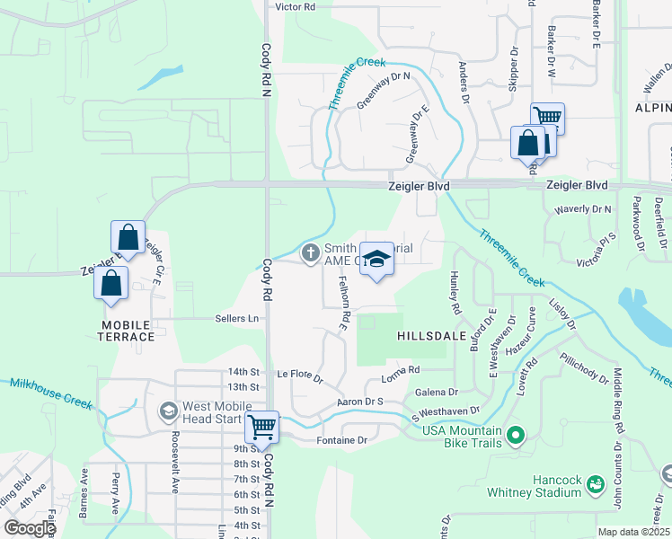 map of restaurants, bars, coffee shops, grocery stores, and more near 6411 Felhorn Road in Mobile