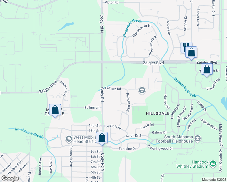map of restaurants, bars, coffee shops, grocery stores, and more near 7011 Felhorn Road in Mobile