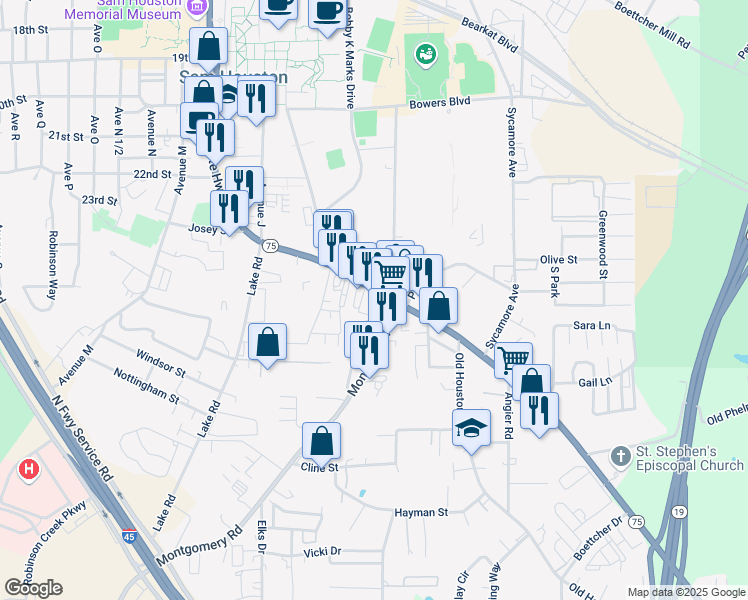 map of restaurants, bars, coffee shops, grocery stores, and more near 2530 Sam Houston Avenue in Huntsville