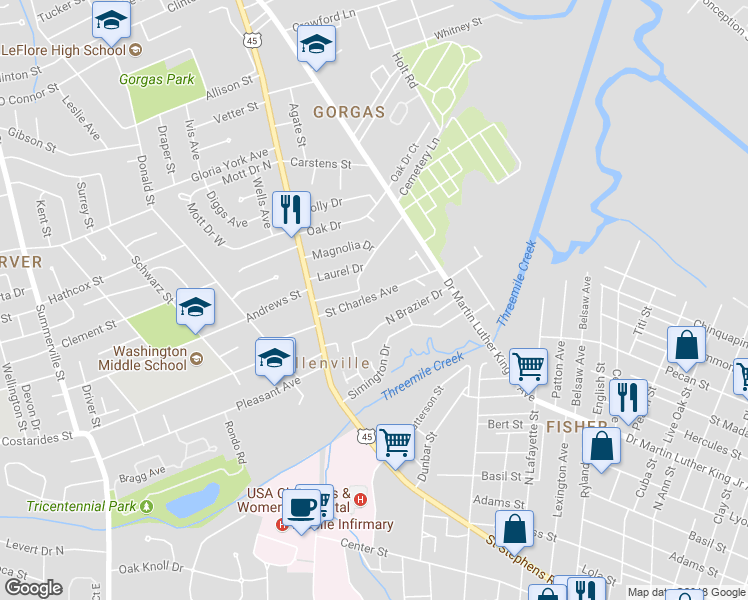 map of restaurants, bars, coffee shops, grocery stores, and more near 314 Saint Charles Avenue in Mobile