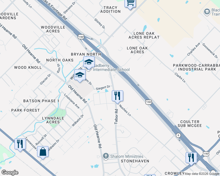 map of restaurants, bars, coffee shops, grocery stores, and more near 2812 Tabor Road in Bryan