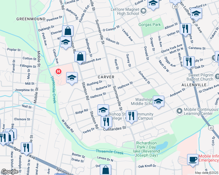 map of restaurants, bars, coffee shops, grocery stores, and more near 2206 Hathcox Street in Mobile
