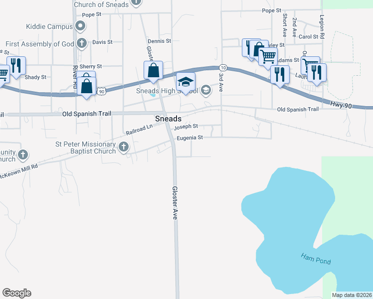 map of restaurants, bars, coffee shops, grocery stores, and more near 1961 Dora Avenue in Sneads