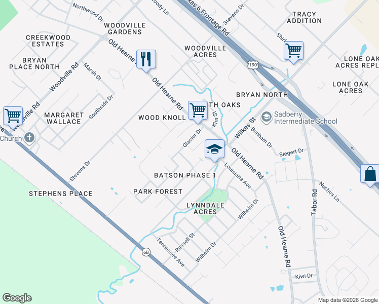 map of restaurants, bars, coffee shops, grocery stores, and more near 3323 Missouri Avenue in Bryan