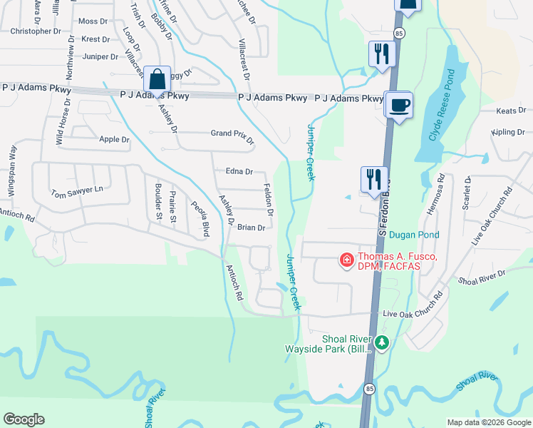 map of restaurants, bars, coffee shops, grocery stores, and more near 125 Claire Drive in Crestview