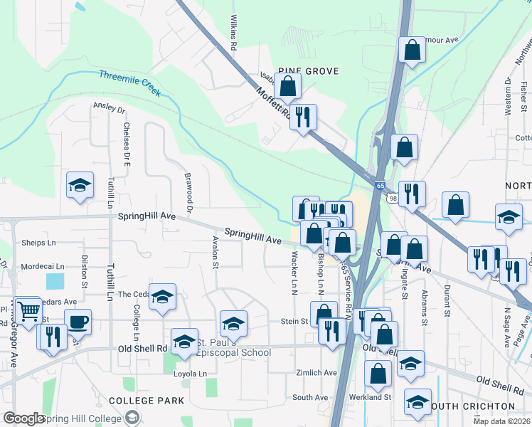 map of restaurants, bars, coffee shops, grocery stores, and more near 3503 Springwood Drive East in Mobile