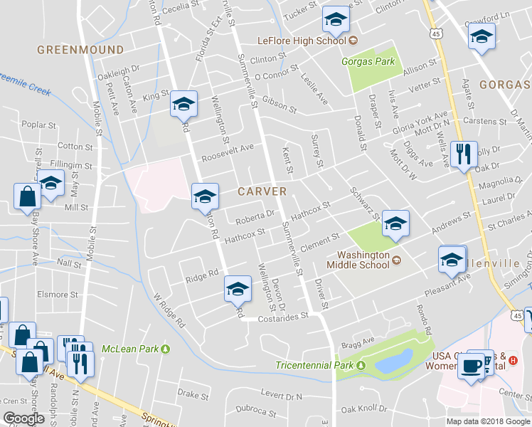map of restaurants, bars, coffee shops, grocery stores, and more near 2248 Roberta Drive in Mobile