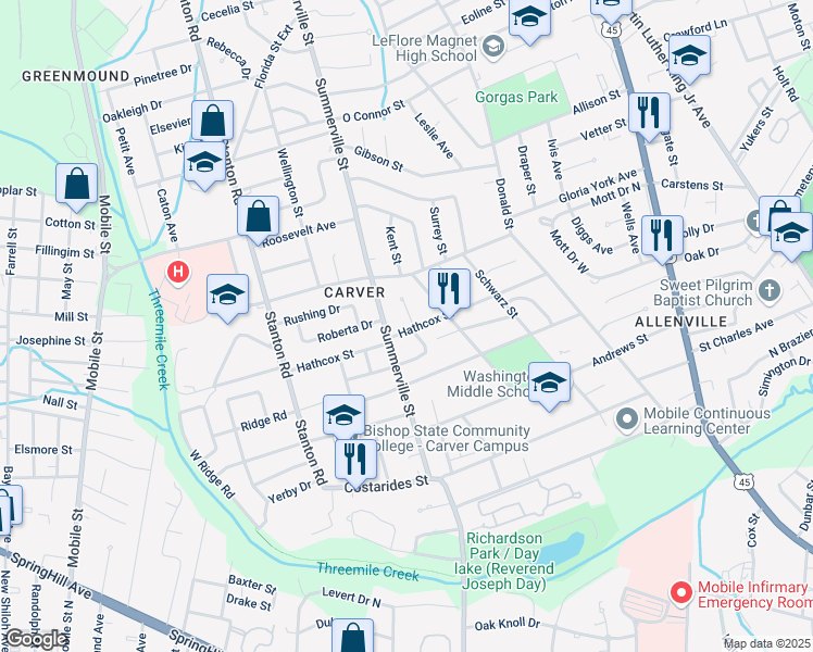 map of restaurants, bars, coffee shops, grocery stores, and more near 2150 Hathcox Street in Mobile