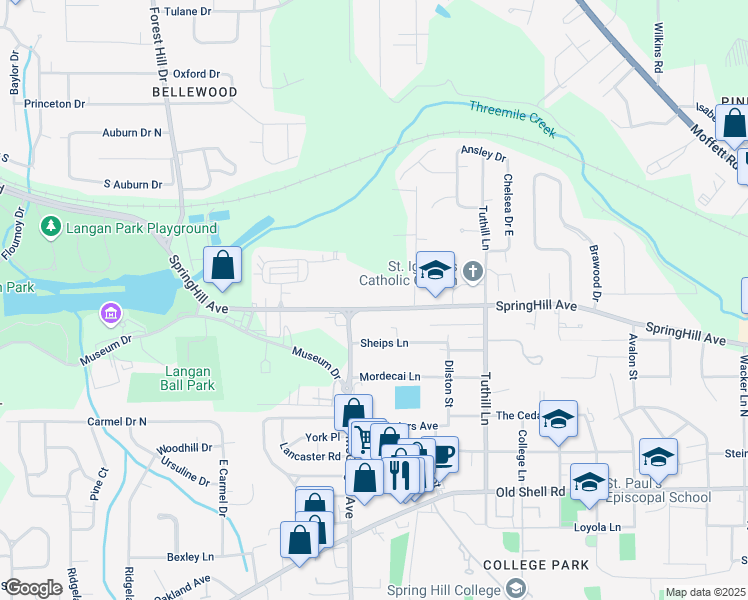 map of restaurants, bars, coffee shops, grocery stores, and more near 3802 SpringHill Avenue in Mobile