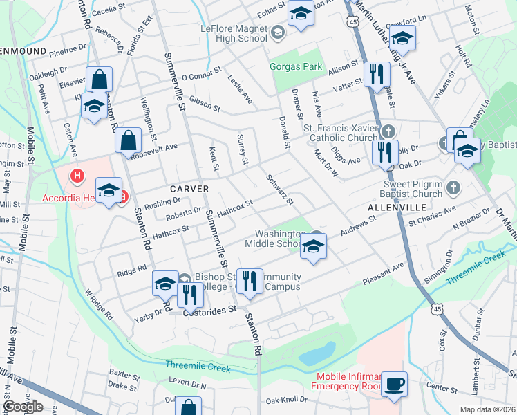 map of restaurants, bars, coffee shops, grocery stores, and more near 504 Helveston Street in Mobile