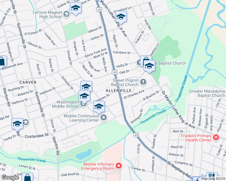 map of restaurants, bars, coffee shops, grocery stores, and more near 1907 Saint Stephens Road in Mobile