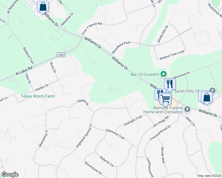 map of restaurants, bars, coffee shops, grocery stores, and more near 6031 Williams Drive in Georgetown