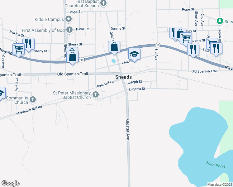 map of restaurants, bars, coffee shops, grocery stores, and more near 1900 Willow Bend Court in Sneads