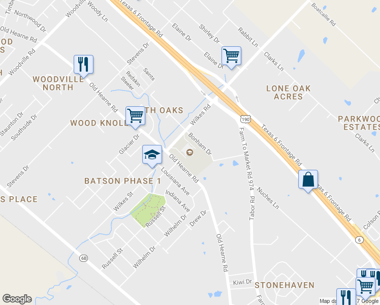 map of restaurants, bars, coffee shops, grocery stores, and more near 3100 Wilkes Road in Bryan