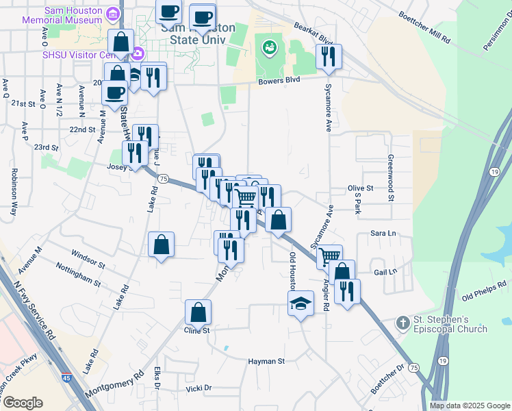 map of restaurants, bars, coffee shops, grocery stores, and more near 598 Palm Street in Huntsville