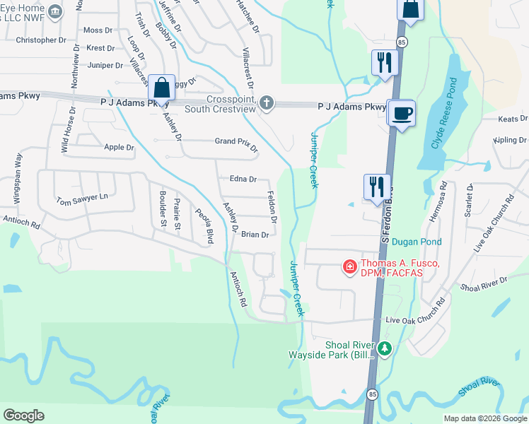 map of restaurants, bars, coffee shops, grocery stores, and more near 126 Claire Drive in Crestview