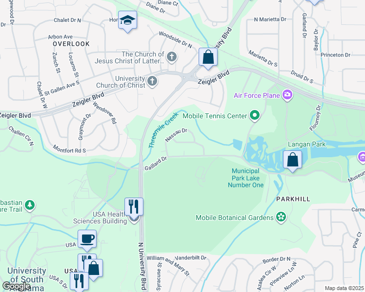 map of restaurants, bars, coffee shops, grocery stores, and more near 5517 Richmond Road in Mobile