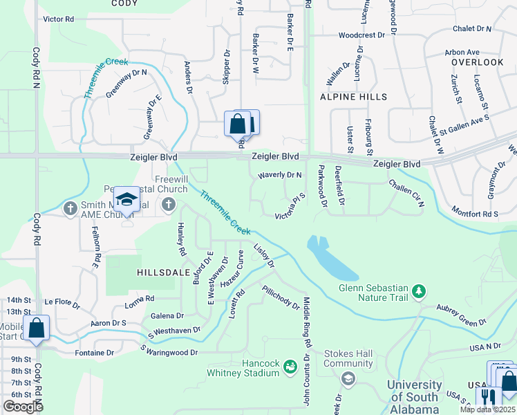 map of restaurants, bars, coffee shops, grocery stores, and more near 855 Victoria Place South in Mobile