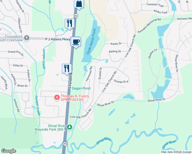 map of restaurants, bars, coffee shops, grocery stores, and more near 4590 Hermosa Road in Crestview