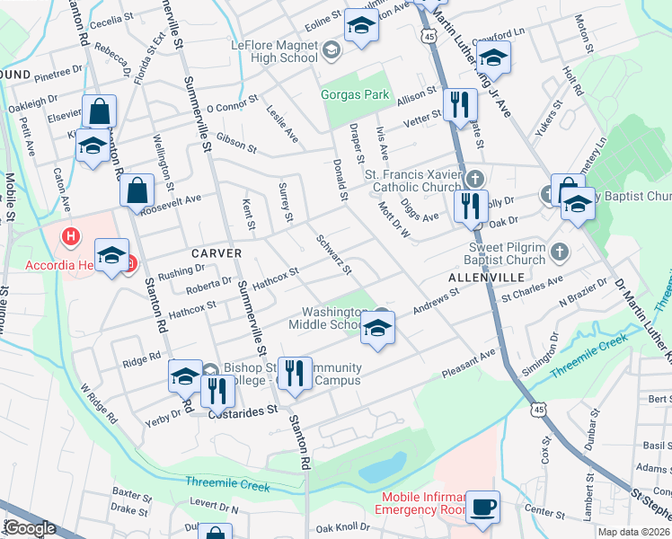 map of restaurants, bars, coffee shops, grocery stores, and more near 2010 Hathcox Street in Mobile