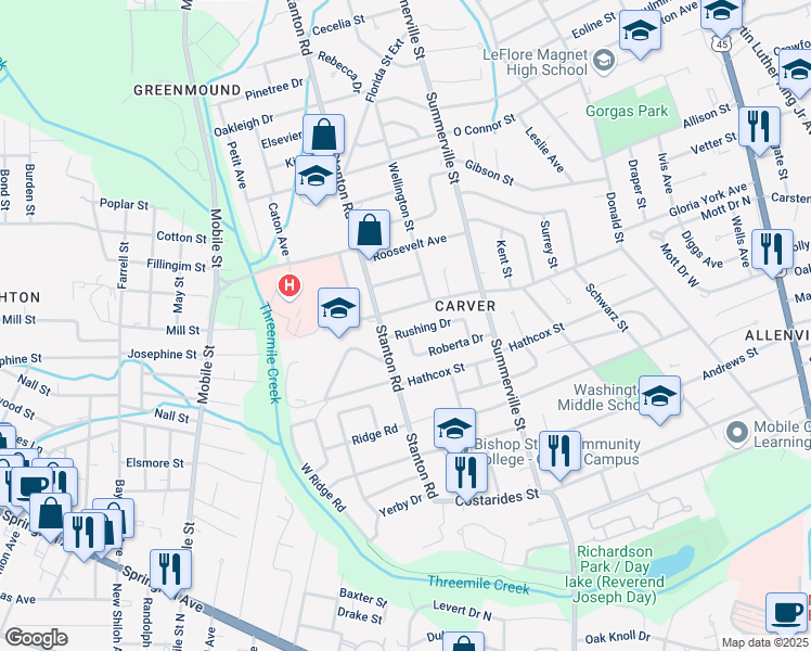 map of restaurants, bars, coffee shops, grocery stores, and more near 2351-2355 Wagner Street in Mobile