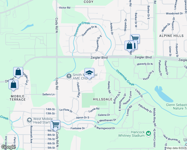 map of restaurants, bars, coffee shops, grocery stores, and more near 511 Line Street in Mobile