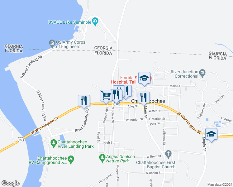 map of restaurants, bars, coffee shops, grocery stores, and more near 35 Decatur Street in Chattahoochee