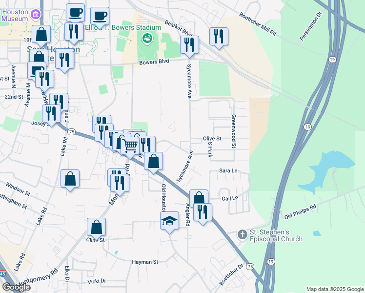 map of restaurants, bars, coffee shops, grocery stores, and more near 2404 Sycamore Avenue in Huntsville