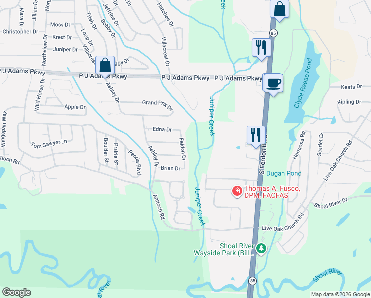 map of restaurants, bars, coffee shops, grocery stores, and more near 206 Feldon Drive in Crestview