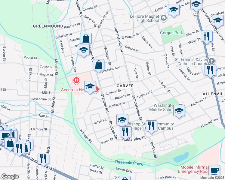 map of restaurants, bars, coffee shops, grocery stores, and more near 2351-2355 Wagner Street in Mobile