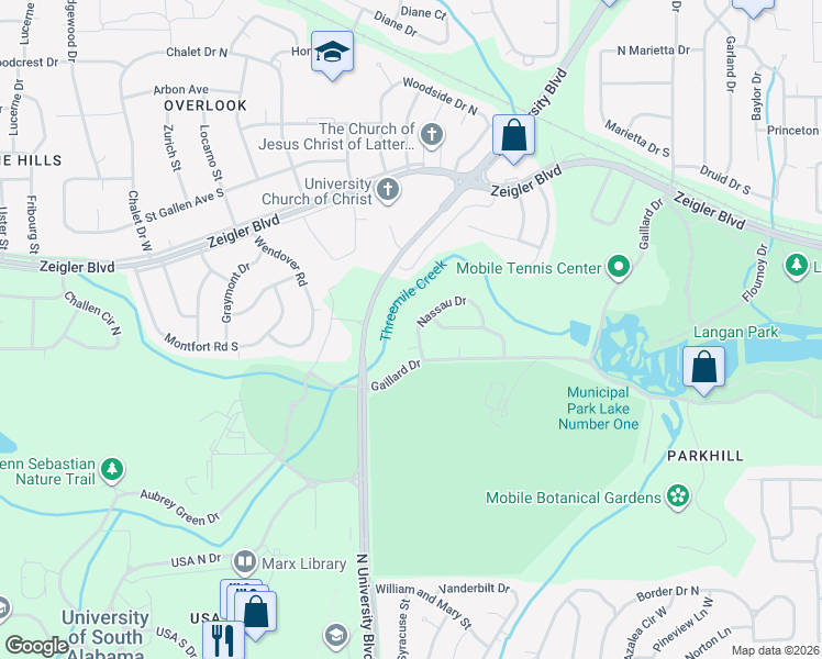map of restaurants, bars, coffee shops, grocery stores, and more near 815 Nassau Drive in Mobile