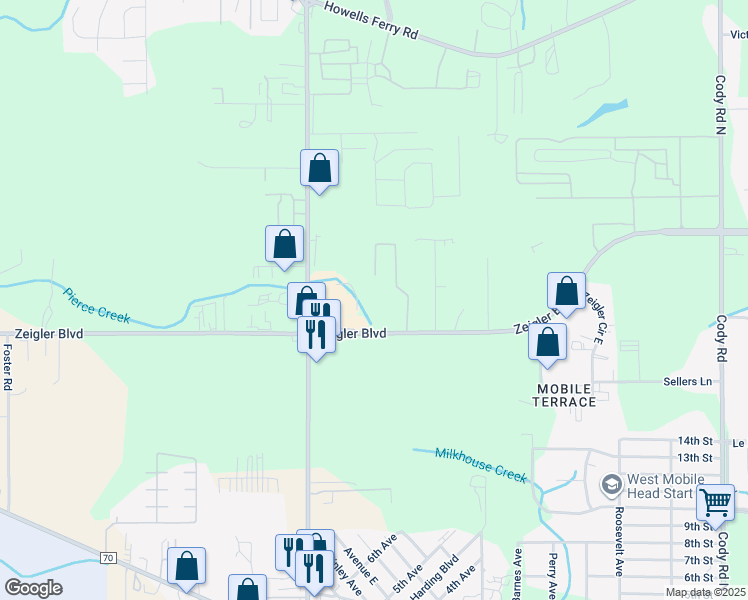 map of restaurants, bars, coffee shops, grocery stores, and more near 740 Schillinger Road North in Mobile