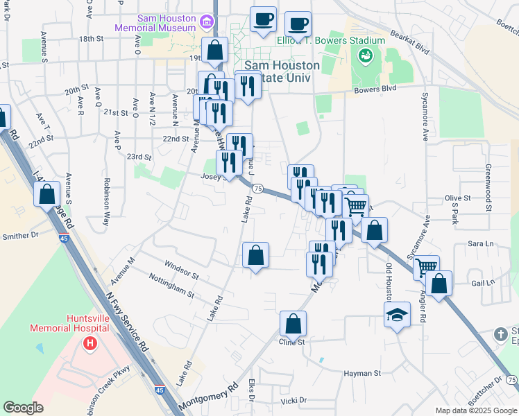 map of restaurants, bars, coffee shops, grocery stores, and more near 2406 Sam Houston Avenue in Huntsville