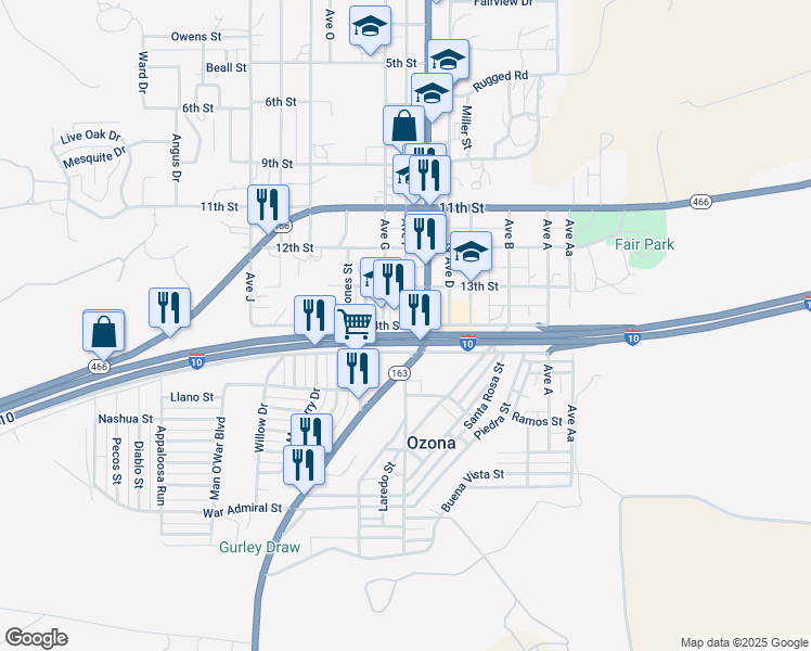 map of restaurants, bars, coffee shops, grocery stores, and more near 14th Street in Ozona