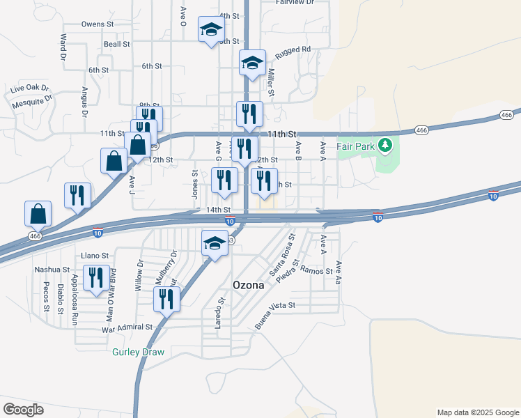 map of restaurants, bars, coffee shops, grocery stores, and more near 14th Street in Ozona
