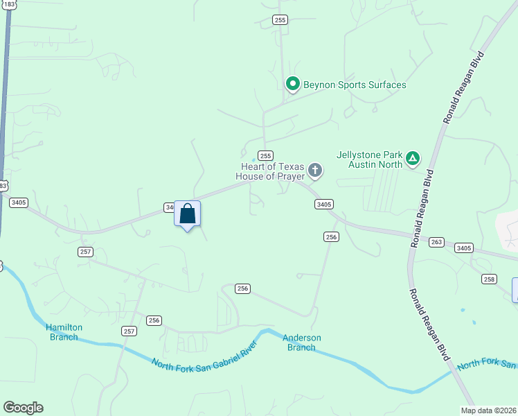 map of restaurants, bars, coffee shops, grocery stores, and more near 6555 Farm to Market Road 3405 in Liberty Hill