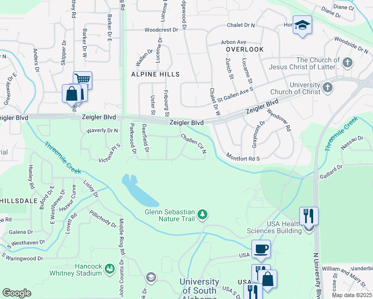 map of restaurants, bars, coffee shops, grocery stores, and more near 804 Parkwood Drive East in Mobile