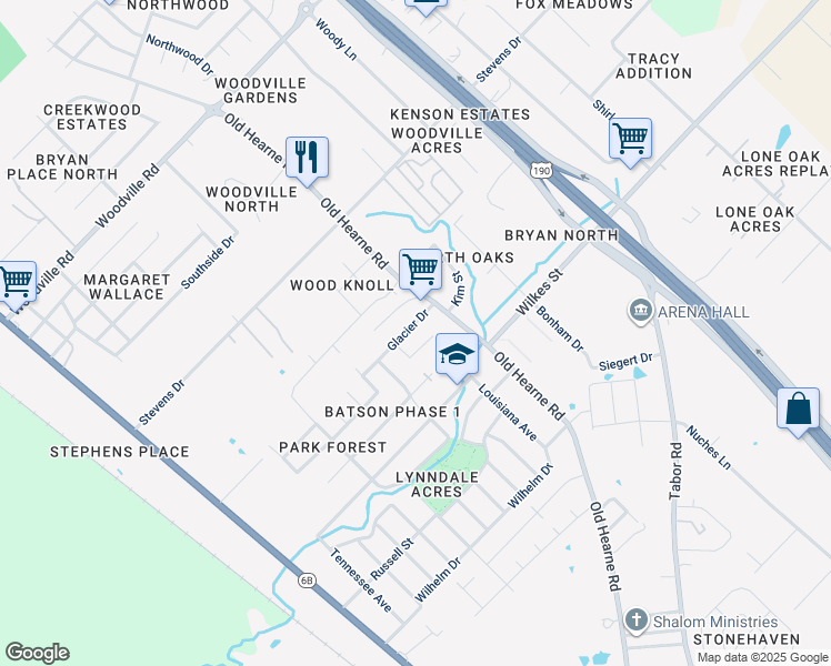 map of restaurants, bars, coffee shops, grocery stores, and more near 2506 Glacier Drive in Bryan
