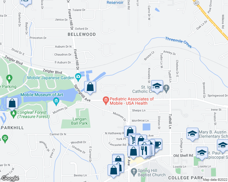 map of restaurants, bars, coffee shops, grocery stores, and more near 4612 SpringHill Avenue in Mobile