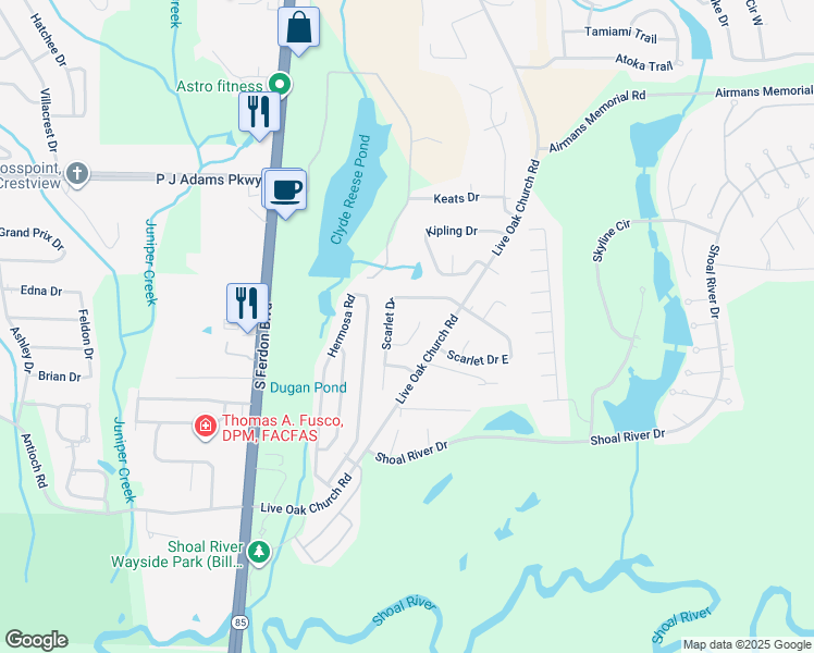 map of restaurants, bars, coffee shops, grocery stores, and more near 2784 Willow Bend Court in Crestview