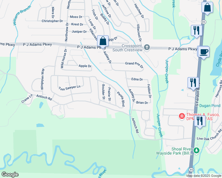 map of restaurants, bars, coffee shops, grocery stores, and more near 606 Prairie Street in Crestview