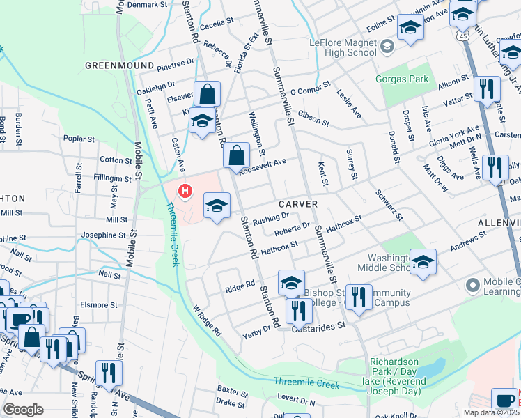 map of restaurants, bars, coffee shops, grocery stores, and more near 2351 Wagner Street in Mobile