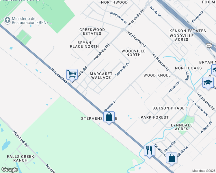 map of restaurants, bars, coffee shops, grocery stores, and more near 2215 Southside Dr in Bryan