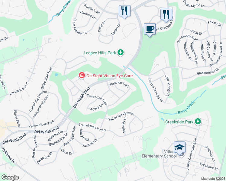 map of restaurants, bars, coffee shops, grocery stores, and more near 115 Double Fire Trail in Georgetown