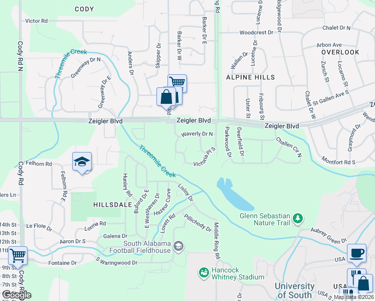 map of restaurants, bars, coffee shops, grocery stores, and more near 901 Windrock Court in Mobile