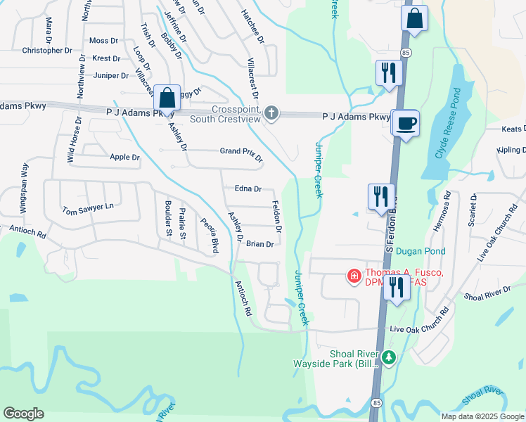map of restaurants, bars, coffee shops, grocery stores, and more near 121 Drewson Drive in Crestview