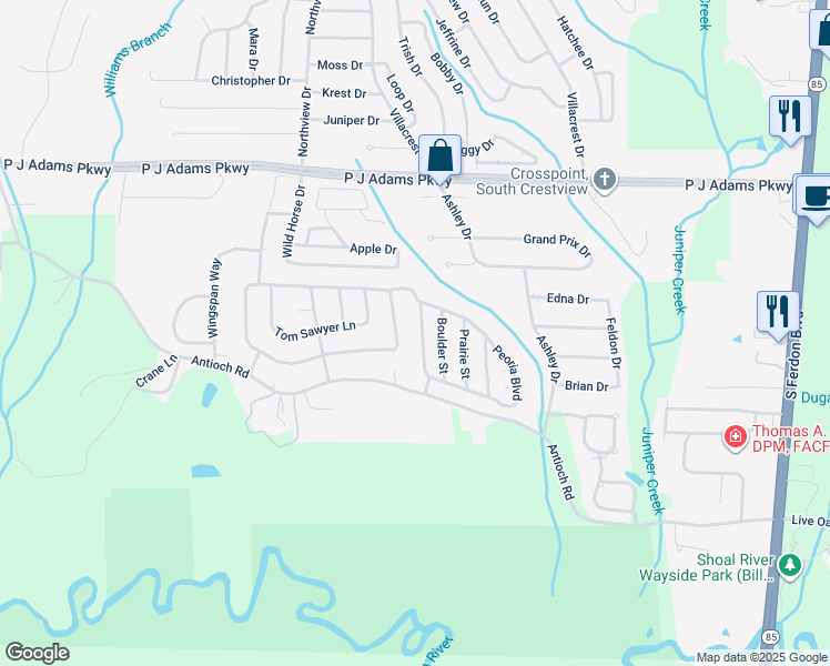 map of restaurants, bars, coffee shops, grocery stores, and more near 415 Peoria Boulevard in Crestview