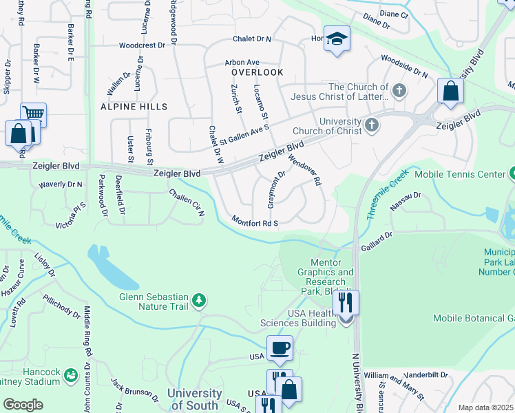 map of restaurants, bars, coffee shops, grocery stores, and more near 810 Vista View Drive in Mobile
