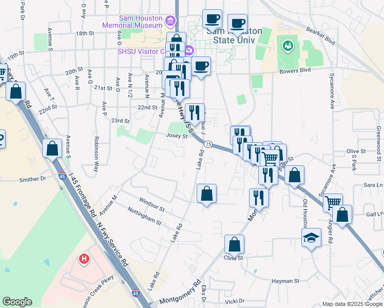 map of restaurants, bars, coffee shops, grocery stores, and more near 2304 Sam Houston Avenue in Huntsville